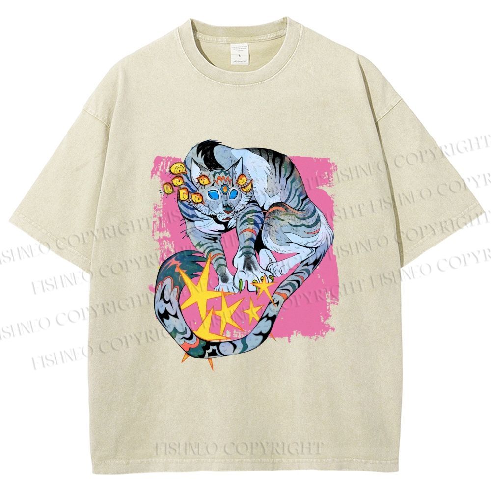 Unisex Shining Tiger Printed Washed Tee