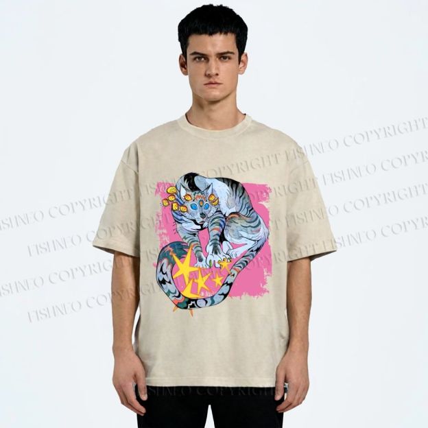 Unisex Shining Tiger Printed Washed Tee