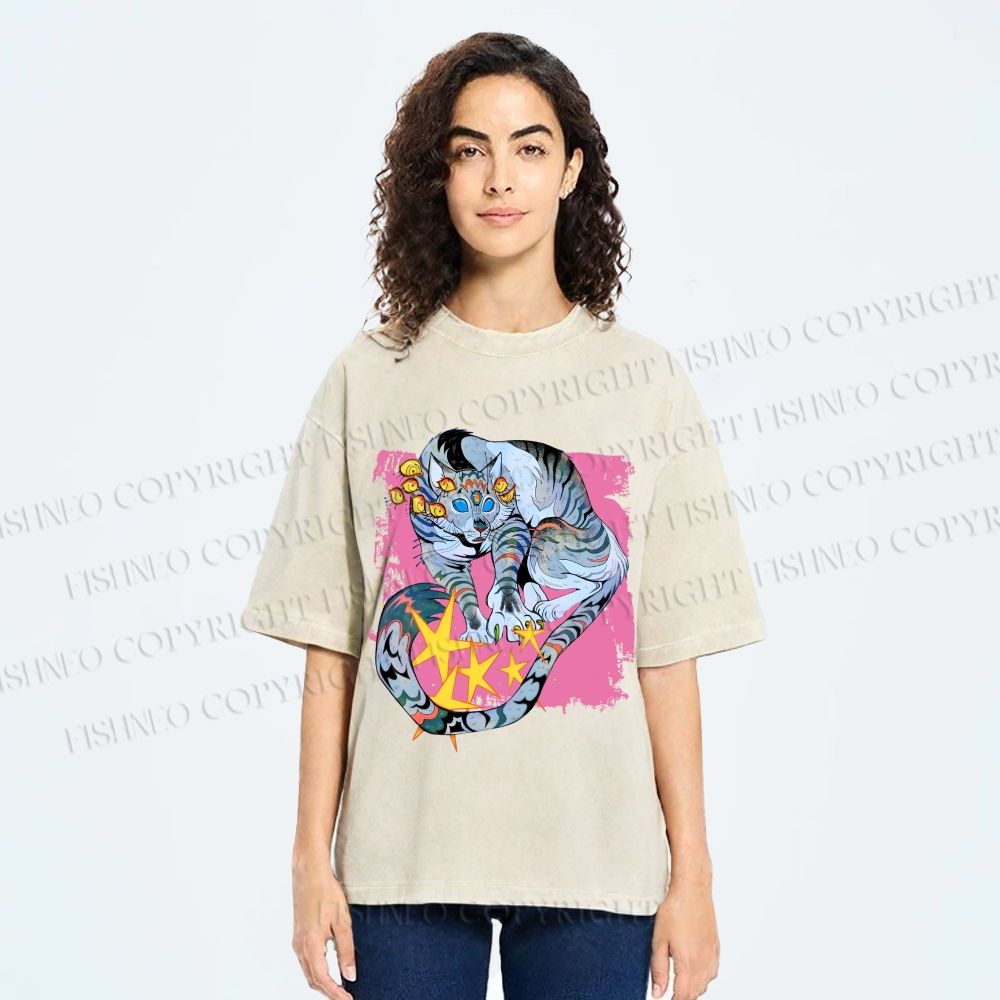 Unisex Shining Tiger Printed Washed Tee