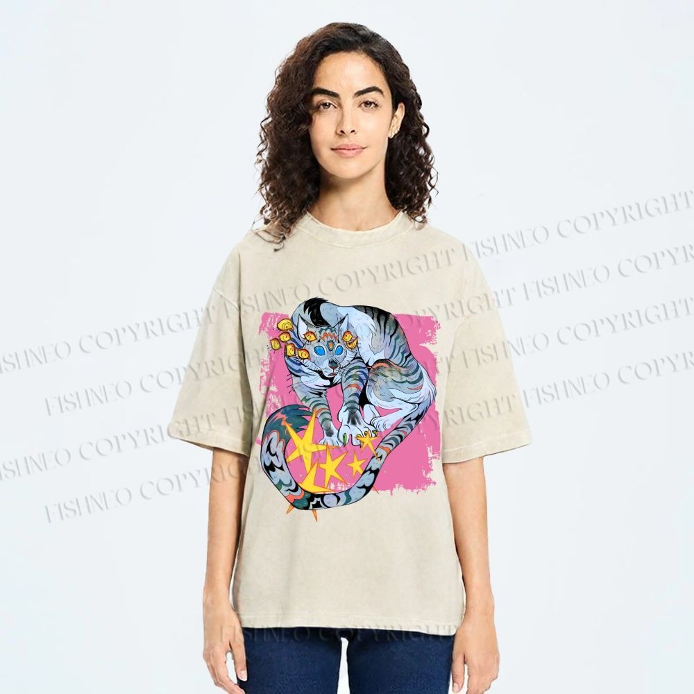 Unisex Shining Tiger Printed Washed Tee