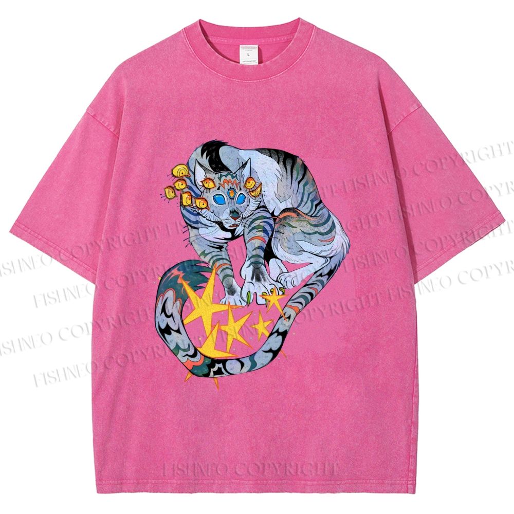 Unisex Shining Tiger Printed Washed Tee