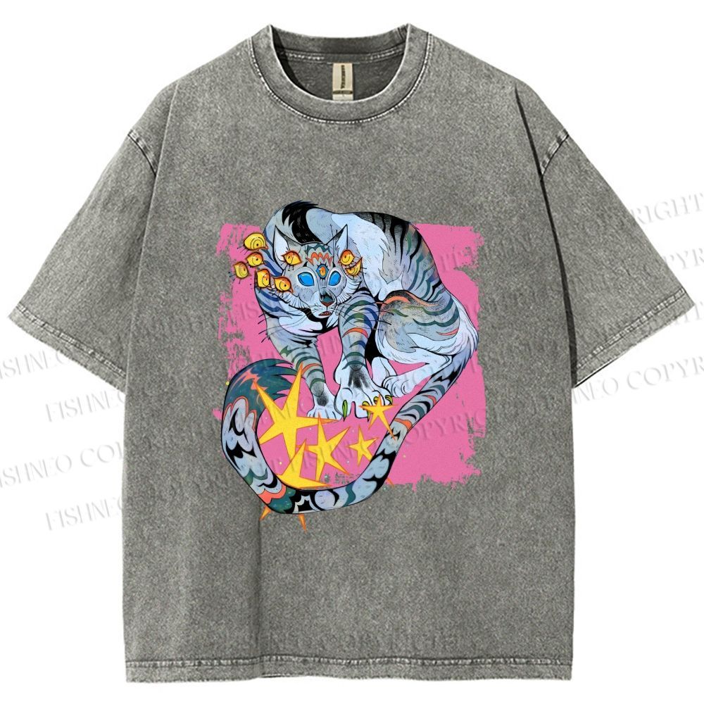 Unisex Shining Tiger Printed Washed Tee