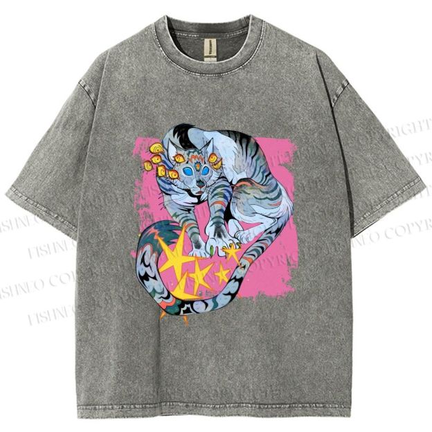 Unisex Shining Tiger Printed Washed Tee