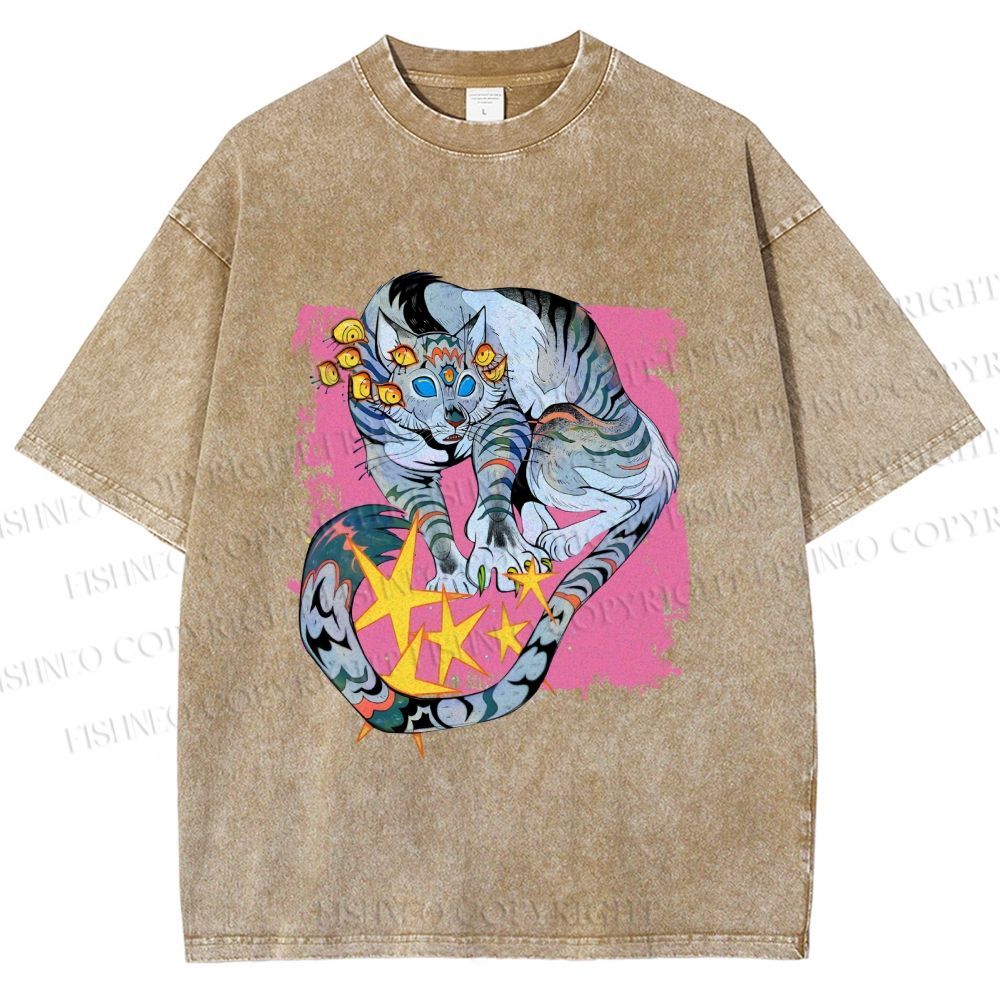 Unisex Shining Tiger Printed Washed Tee