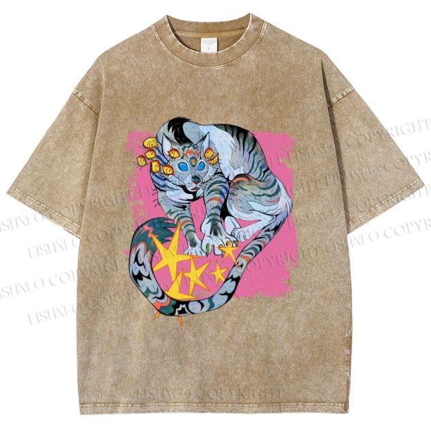 Unisex Shining Tiger Printed Washed Tee