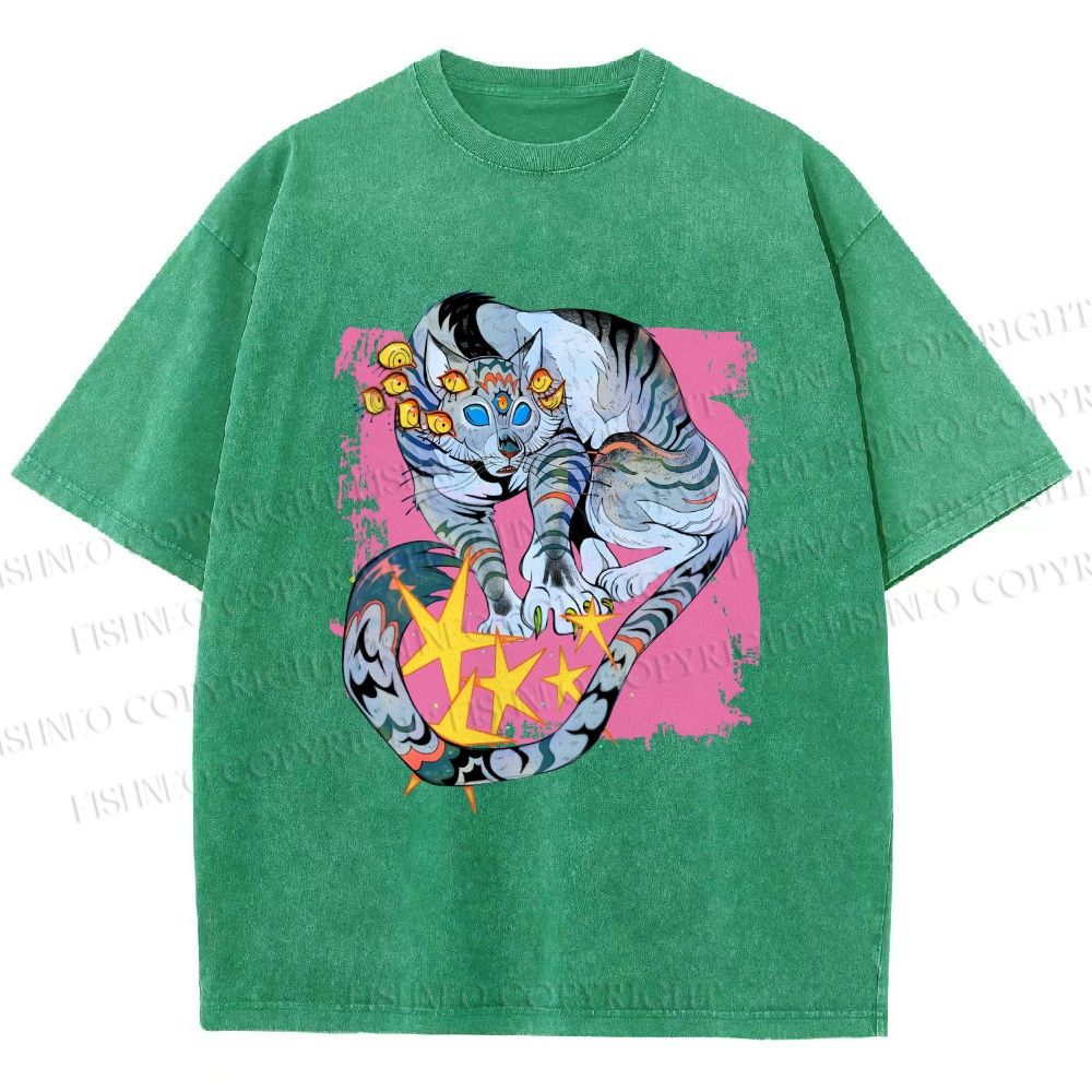 Unisex Shining Tiger Printed Washed Tee
