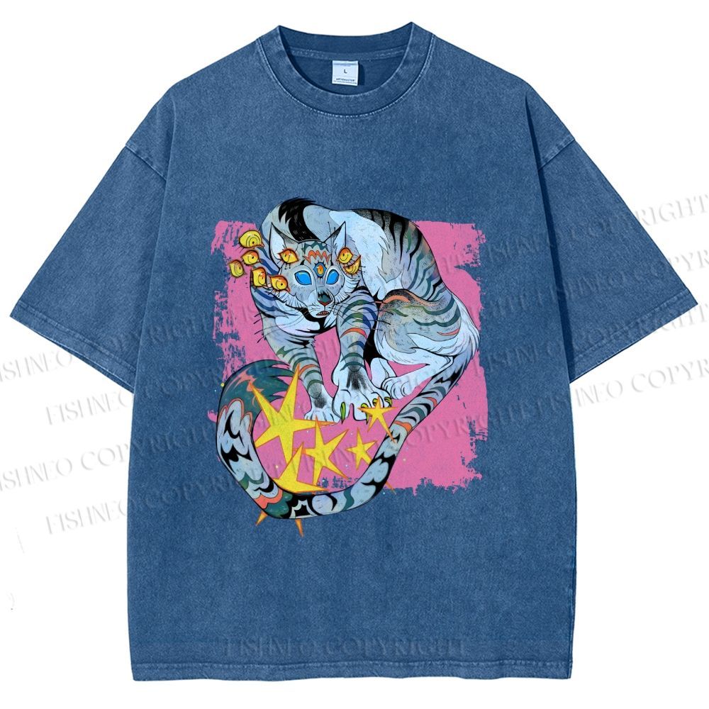 Unisex Shining Tiger Printed Washed Tee