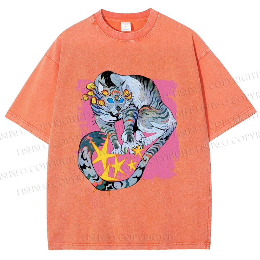 Unisex Shining Tiger Printed Washed Tee