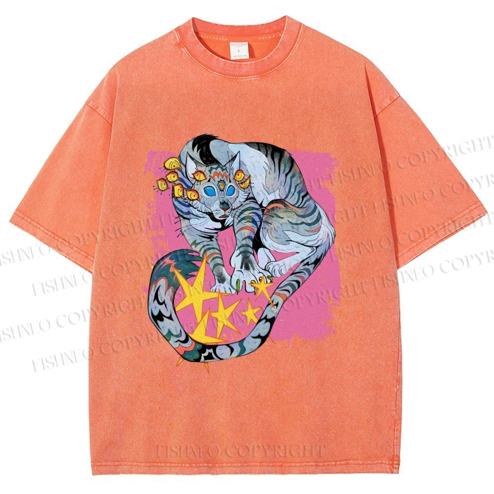 Unisex Shining Tiger Printed Washed Tee