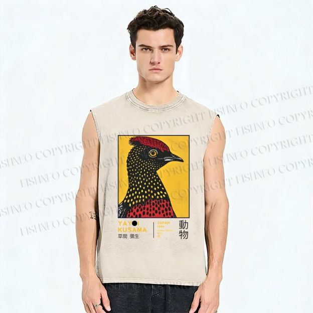 Unisex Yayoi Kusama Polka Dot Bird Printed Washed Tank Top