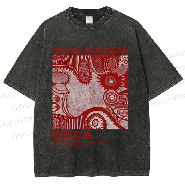 Unisex Yayoi Kusama Red Graffiti Printed Washed Tee