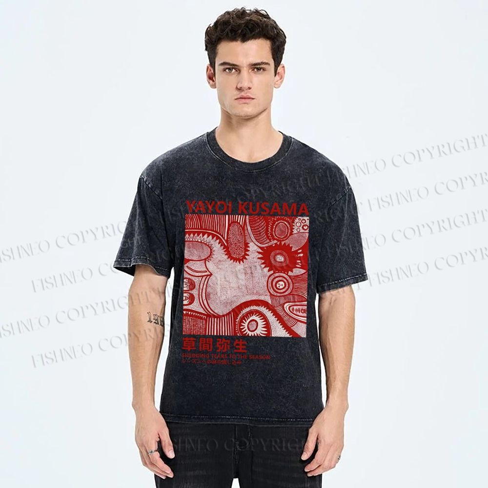 Unisex Yayoi Kusama Red Graffiti Printed Washed Tee