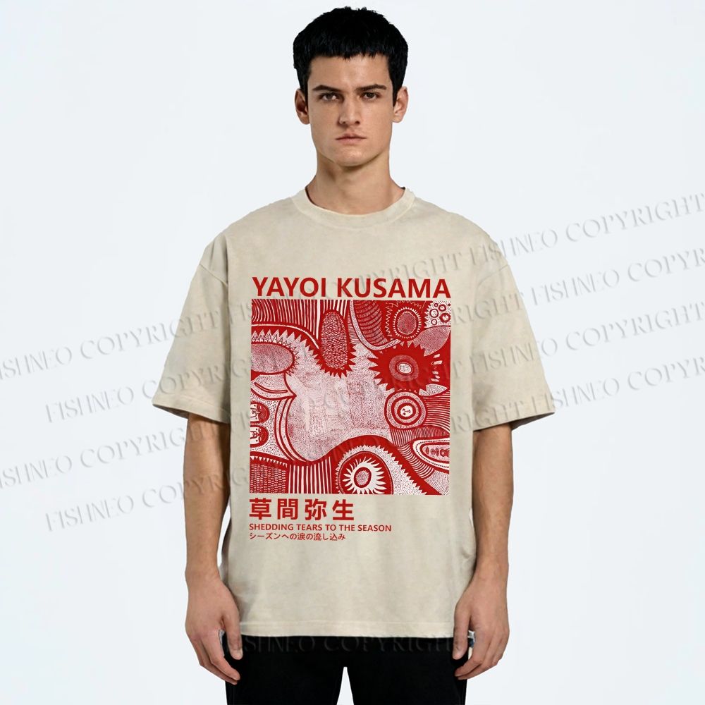 Unisex Yayoi Kusama Red Graffiti Printed Washed Tee