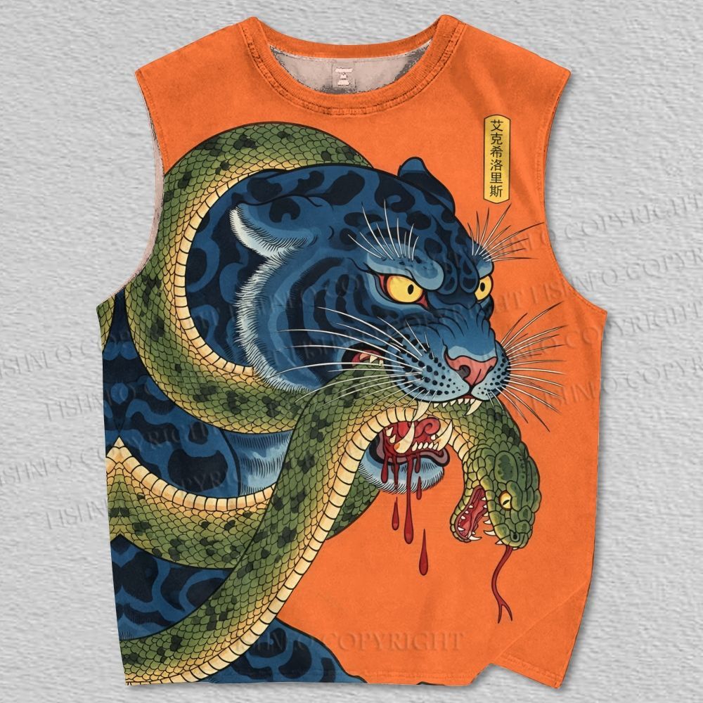 Unisex Blue Tiger Got Snake Printed Tank Top