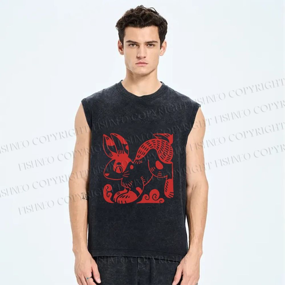 Unisex Vintage Red Rabbit Printed Washed Tank Top
