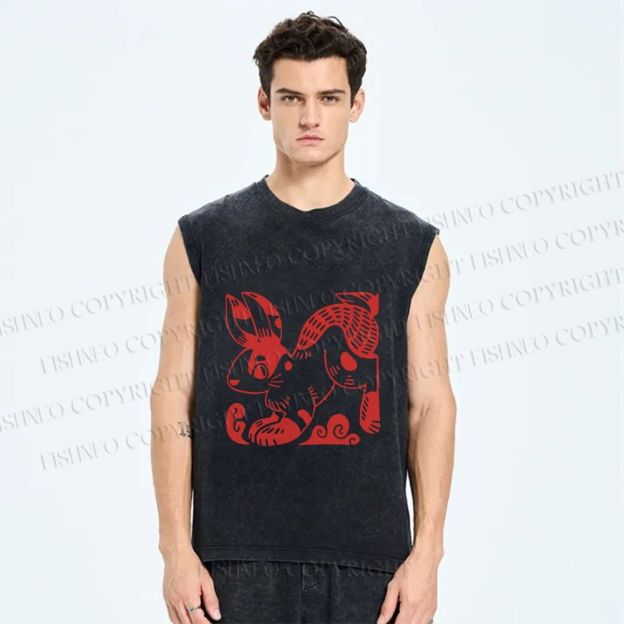 Unisex Vintage Red Rabbit Printed Washed Tank Top