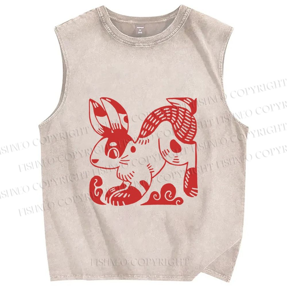 Unisex Vintage Red Rabbit Printed Washed Tank Top