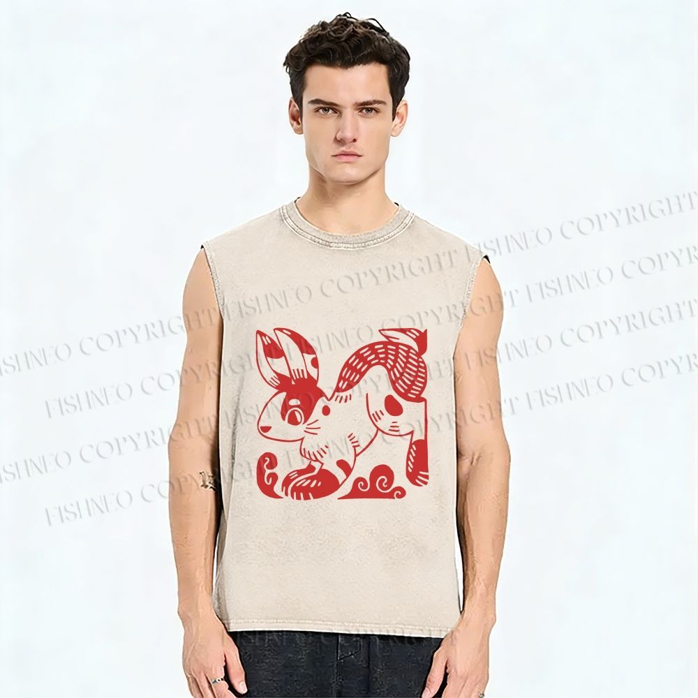 Unisex Vintage Red Rabbit Printed Washed Tank Top