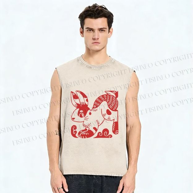 Unisex Vintage Red Rabbit Printed Washed Tank Top