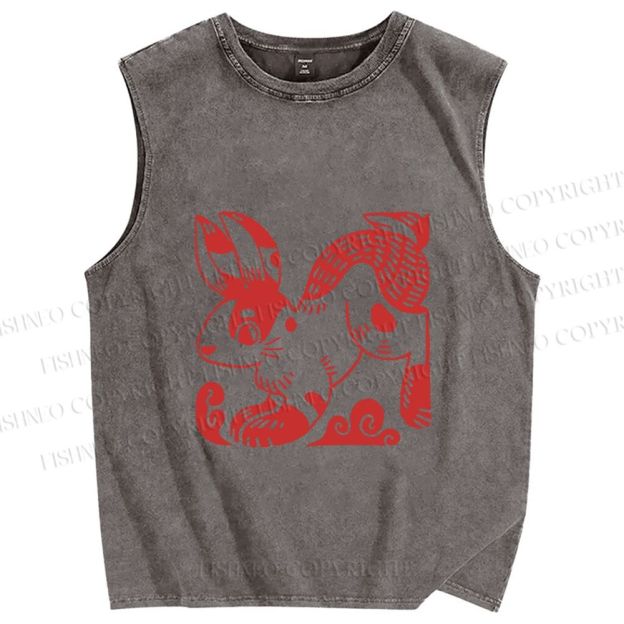 Unisex Vintage Red Rabbit Printed Washed Tank Top