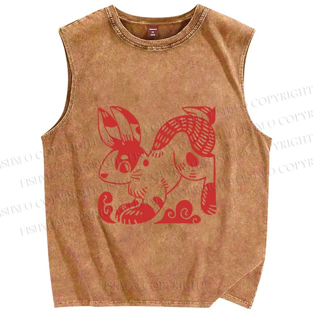 Unisex Vintage Red Rabbit Printed Washed Tank Top