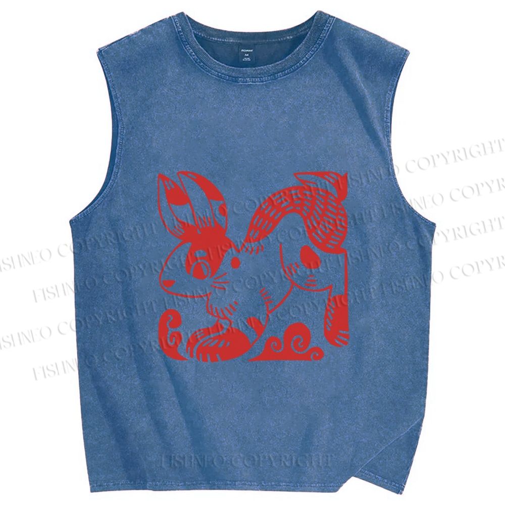 Unisex Vintage Red Rabbit Printed Washed Tank Top