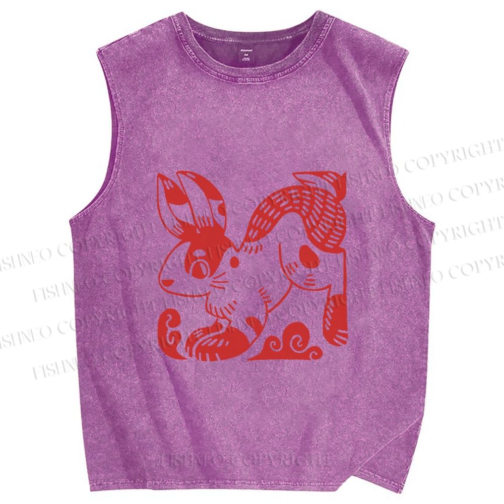 Unisex Vintage Red Rabbit Printed Washed Tank Top
