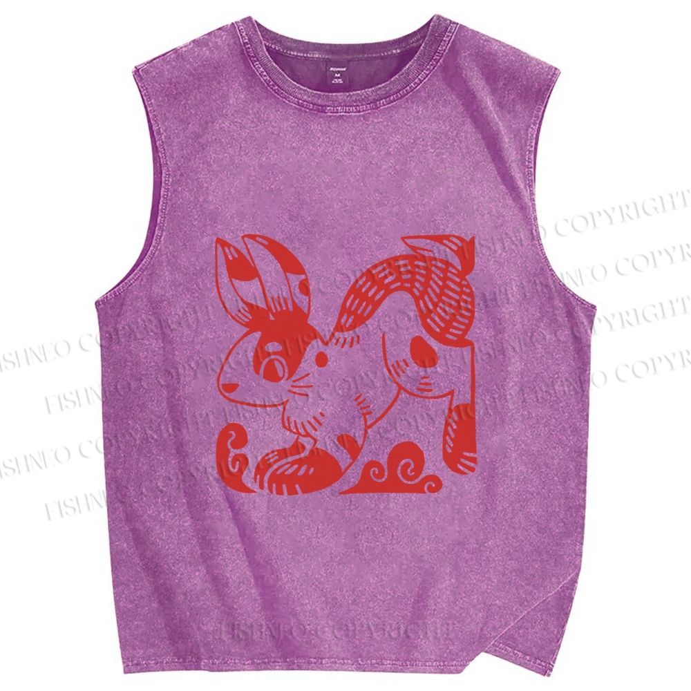 Unisex Vintage Red Rabbit Printed Washed Tank Top