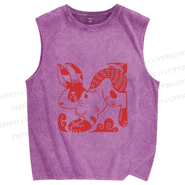 Unisex Vintage Red Rabbit Printed Washed Tank Top