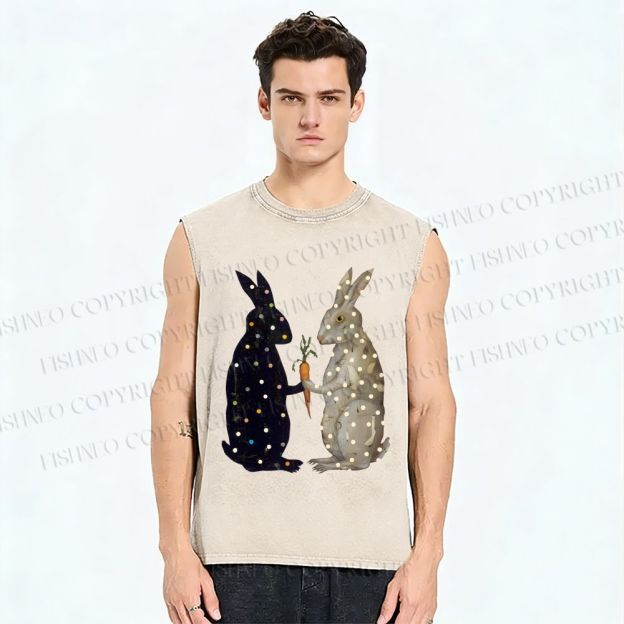 Unisex Rabbits With Dots Holding a Carrot Printed Washed Tank Top