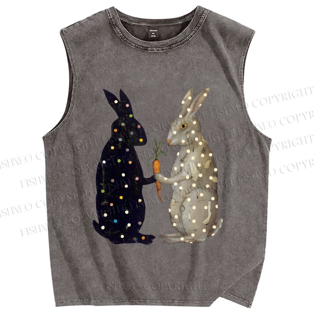Unisex Rabbits With Dots Holding a Carrot Printed Washed Tank Top