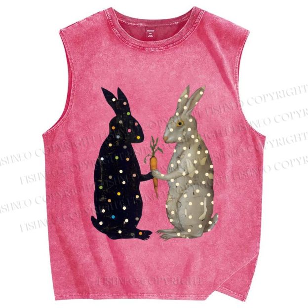 Unisex Rabbits With Dots Holding a Carrot Printed Washed Tank Top