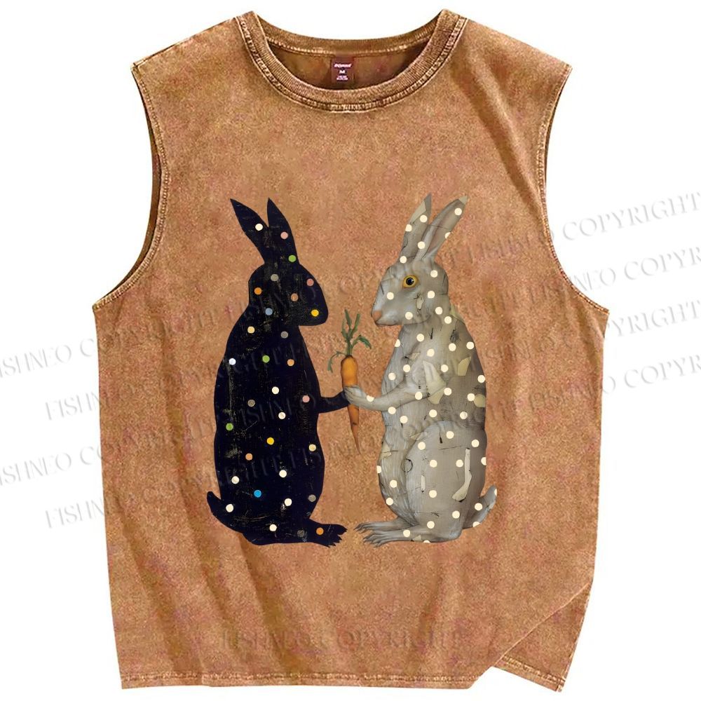 Unisex Rabbits With Dots Holding a Carrot Printed Washed Tank Top
