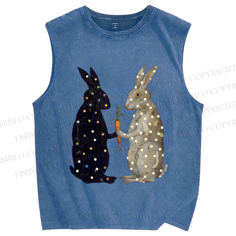 Unisex Rabbits With Dots Holding a Carrot Printed Washed Tank Top