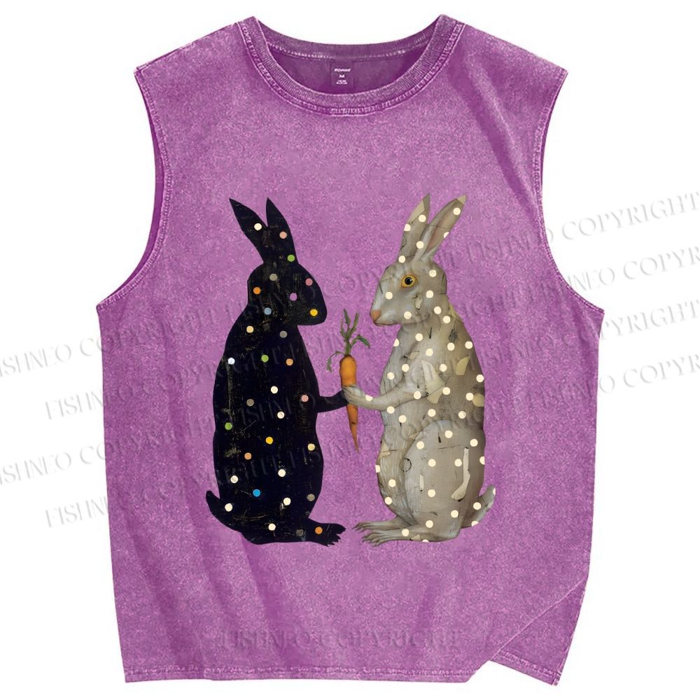 Unisex Rabbits With Dots Holding a Carrot Printed Washed Tank Top