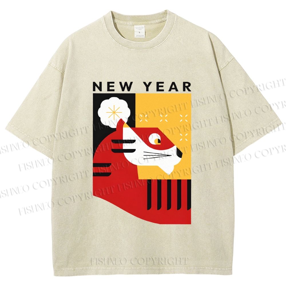 Unisex New Year Red Tiger Printed Washed Tee