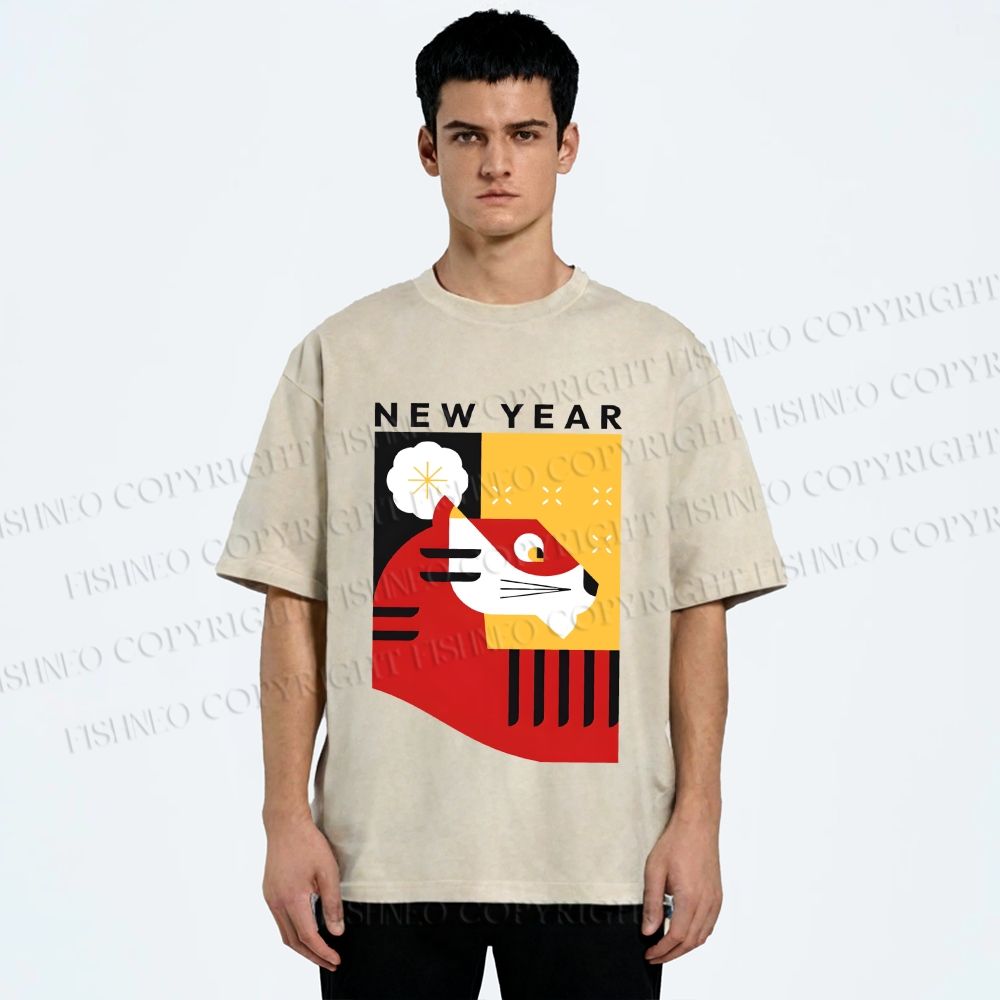 Unisex New Year Red Tiger Printed Washed Tee