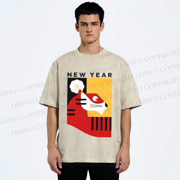 Unisex New Year Red Tiger Printed Washed Tee