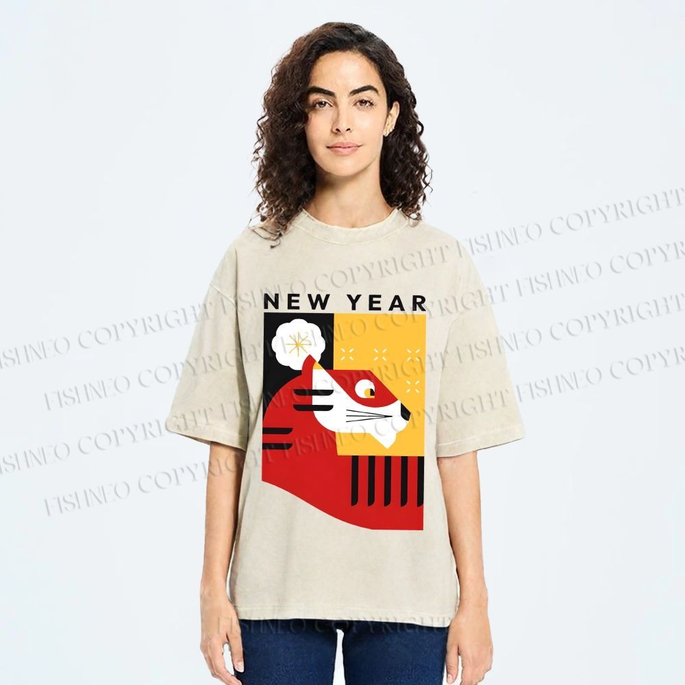 Unisex New Year Red Tiger Printed Washed Tee