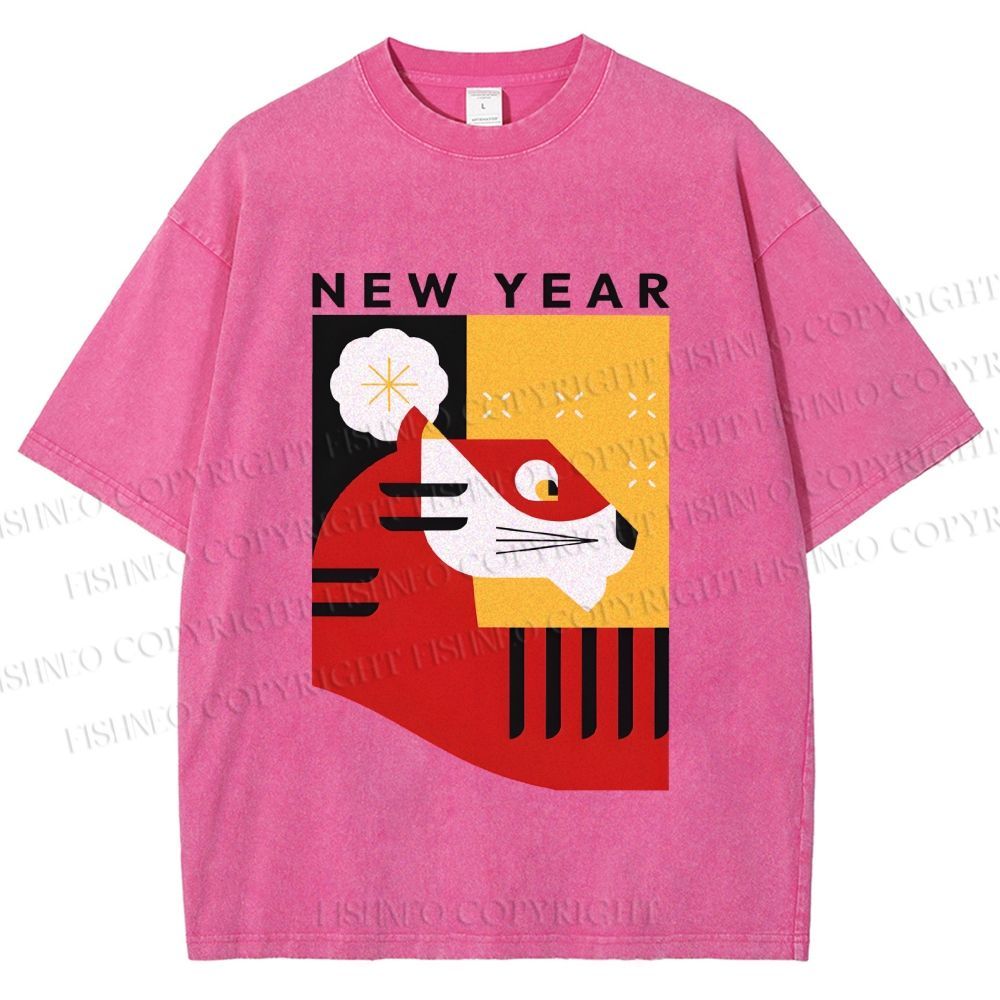 Unisex New Year Red Tiger Printed Washed Tee