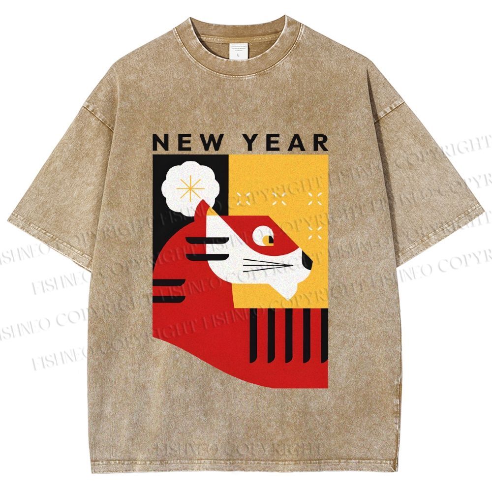 Unisex New Year Red Tiger Printed Washed Tee