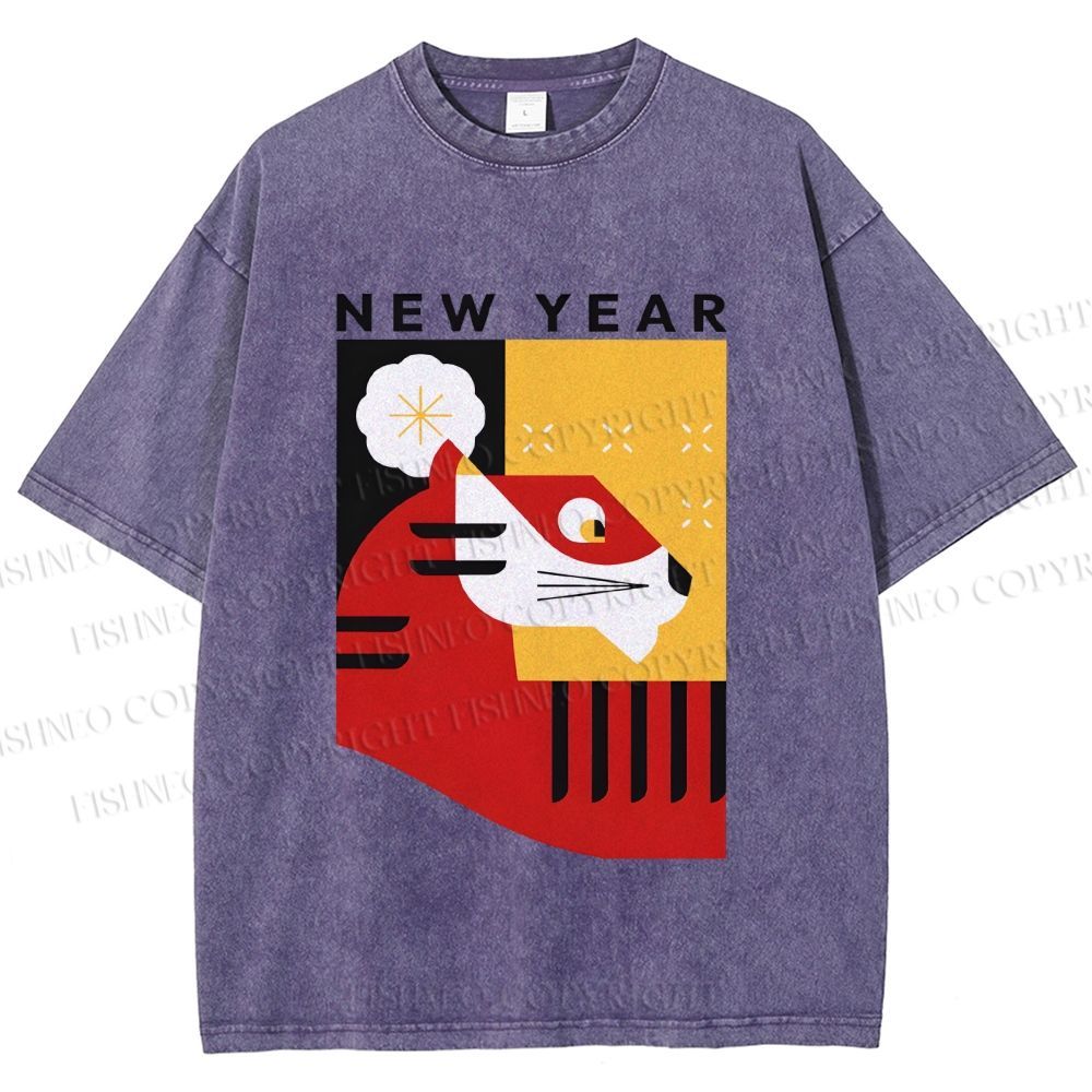 Unisex New Year Red Tiger Printed Washed Tee