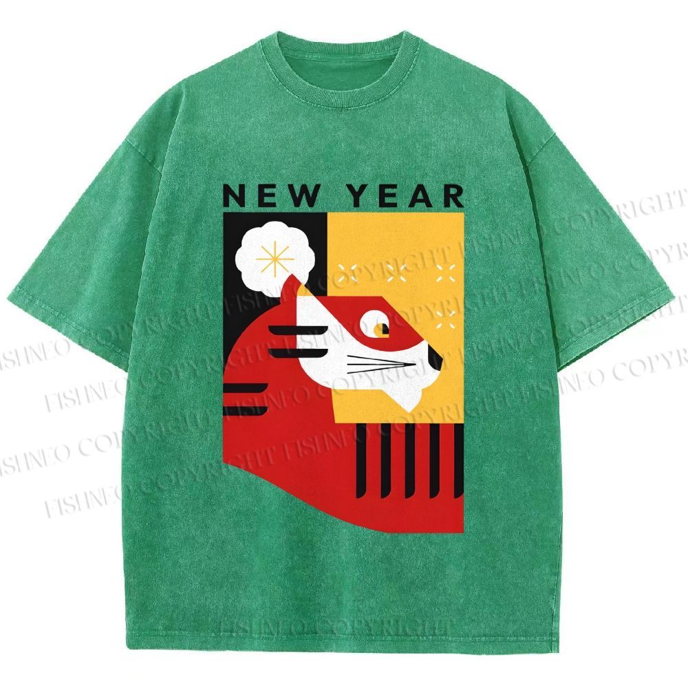 Unisex New Year Red Tiger Printed Washed Tee