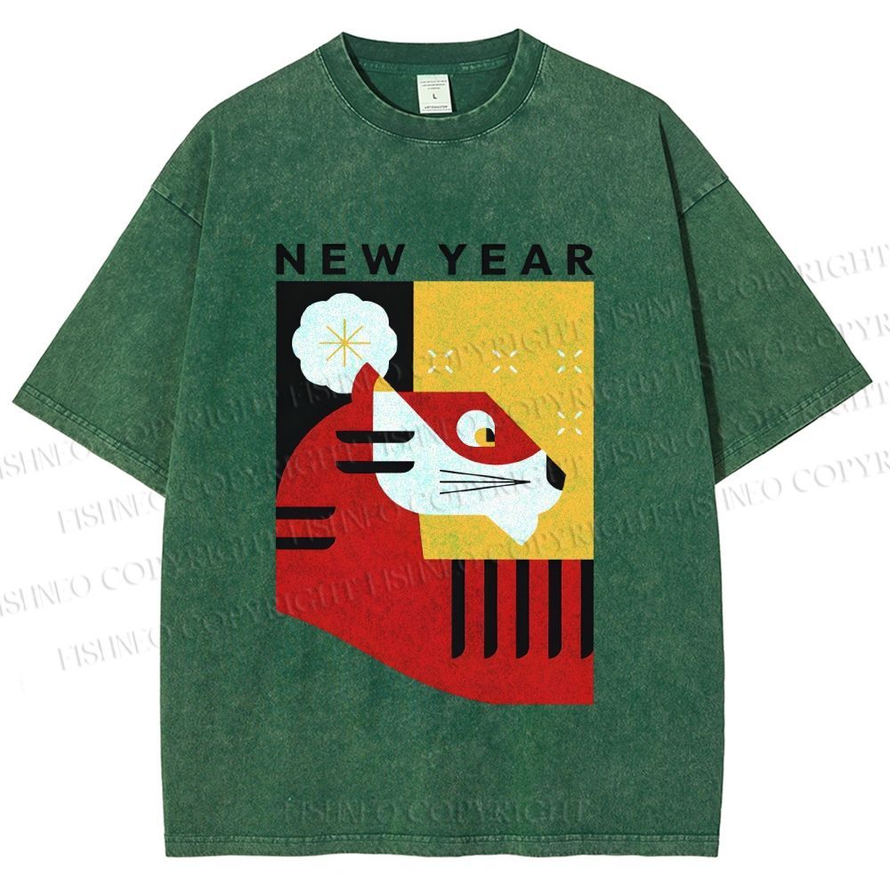 Unisex New Year Red Tiger Printed Washed Tee