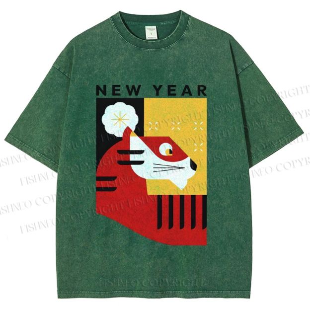 Unisex New Year Red Tiger Printed Washed Tee