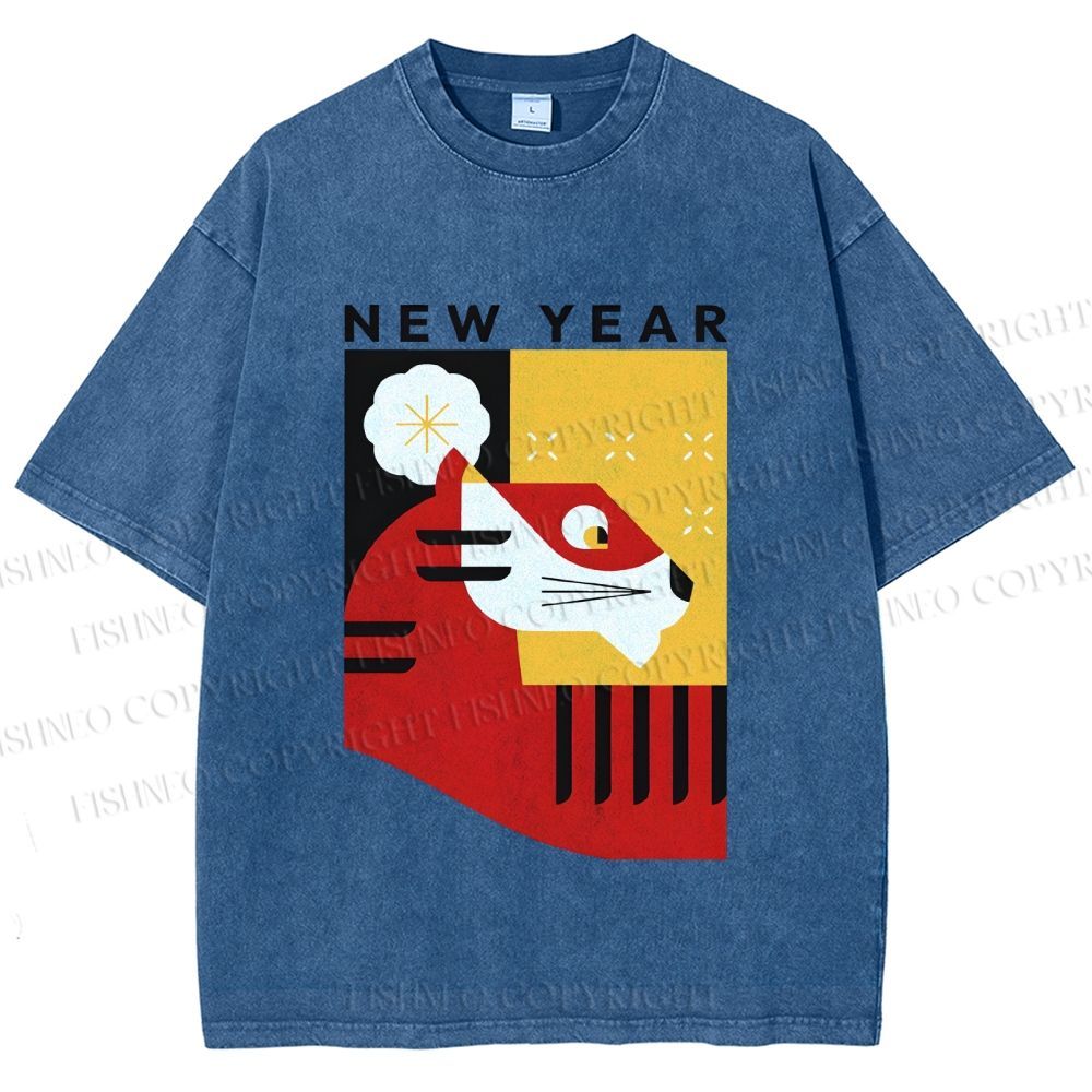 Unisex New Year Red Tiger Printed Washed Tee