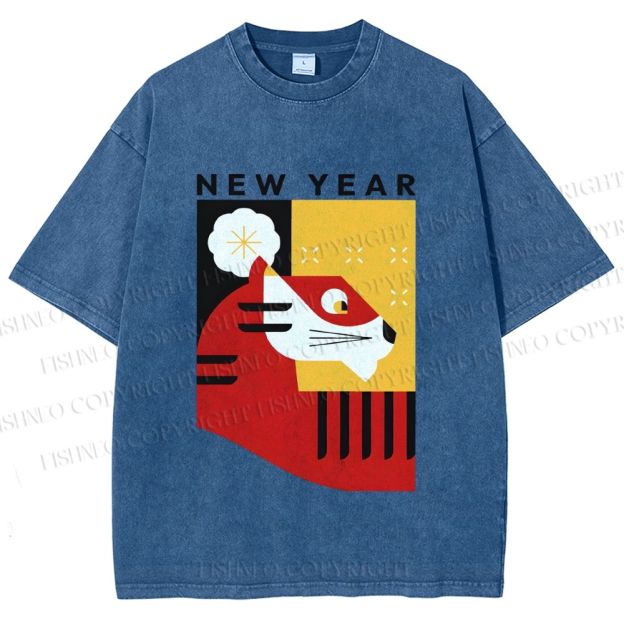 Unisex New Year Red Tiger Printed Washed Tee