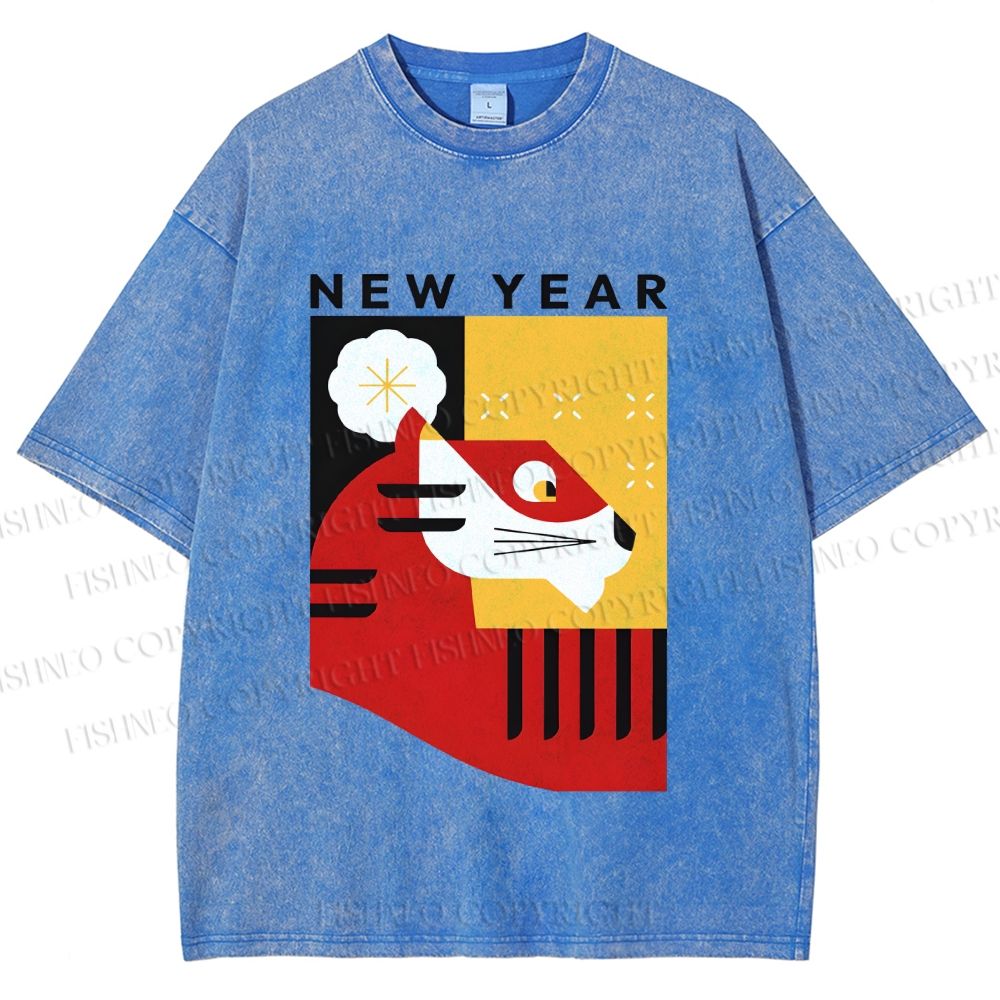 Unisex New Year Red Tiger Printed Washed Tee