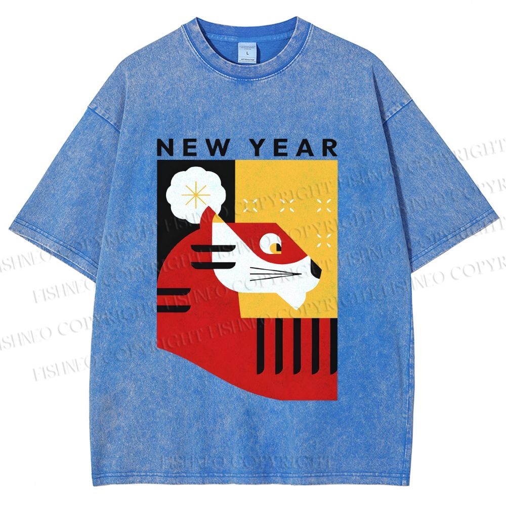 Unisex New Year Red Tiger Printed Washed Tee