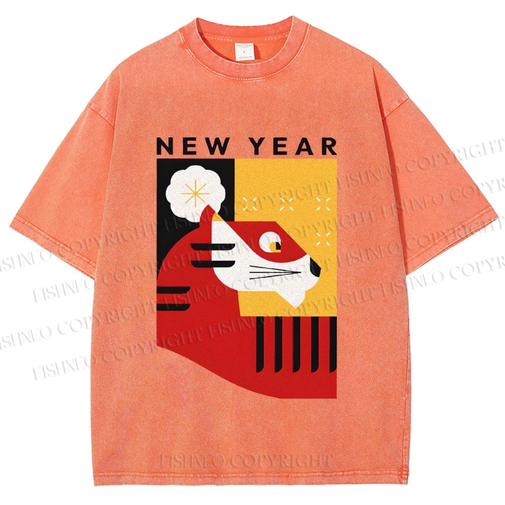 Unisex New Year Red Tiger Printed Washed Tee